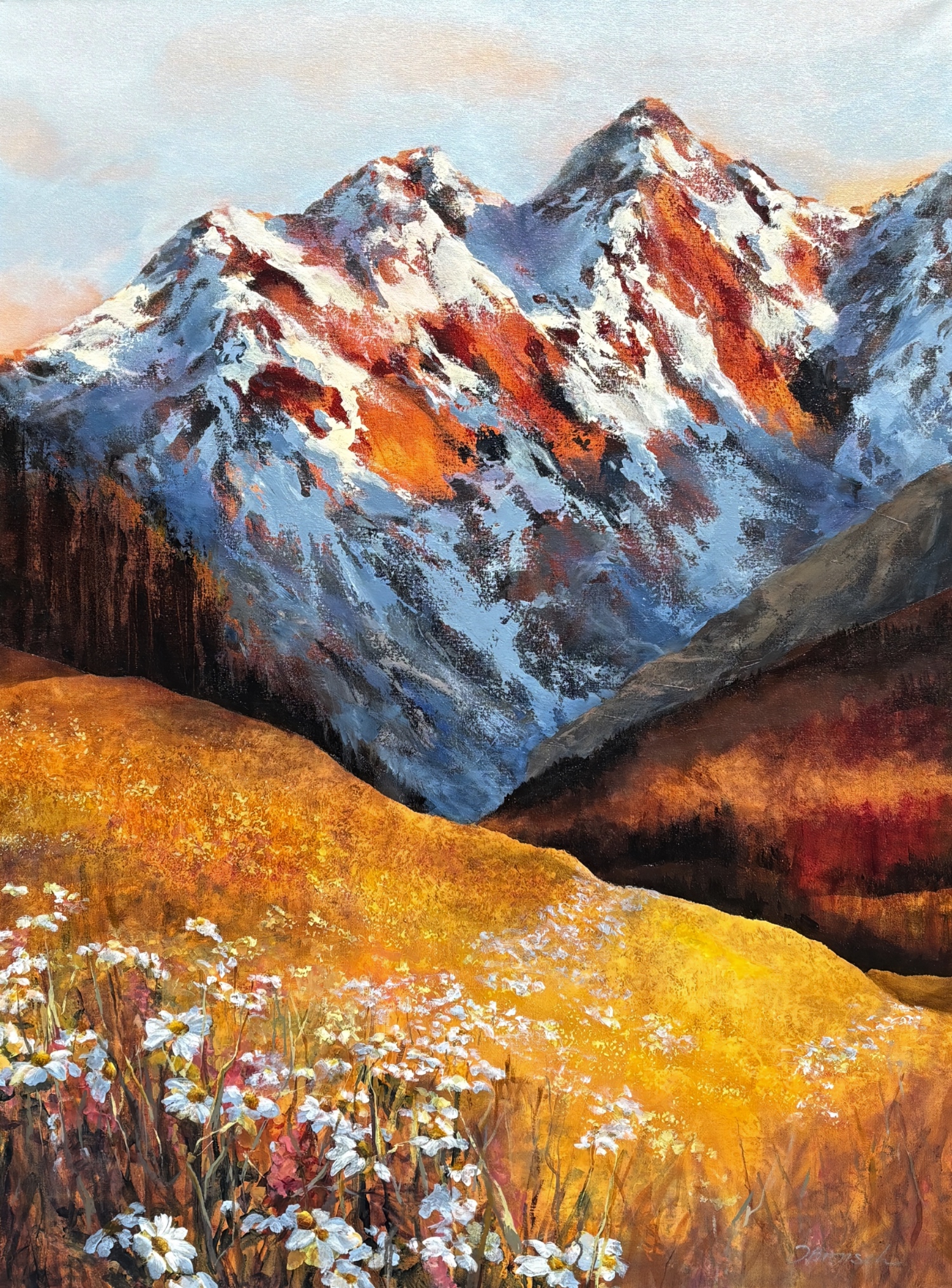 Mountain Blossoms, original acrylic painting of a mountain landscape with wild daisies at sunset by Canadian artist Jane Bronsch at Effusion Art Gallery in Invermere, BC.