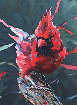 Cardinal, original acrylic painting of a red cardinal by Canadian artist Keith Dalgleish at Effusion Art Gallery in Invermere, BC.
