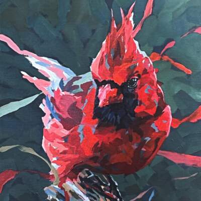 Cardinal, original acrylic painting of a red cardinal by Canadian artist Keith Dalgleish at Effusion Art Gallery in Invermere, BC.