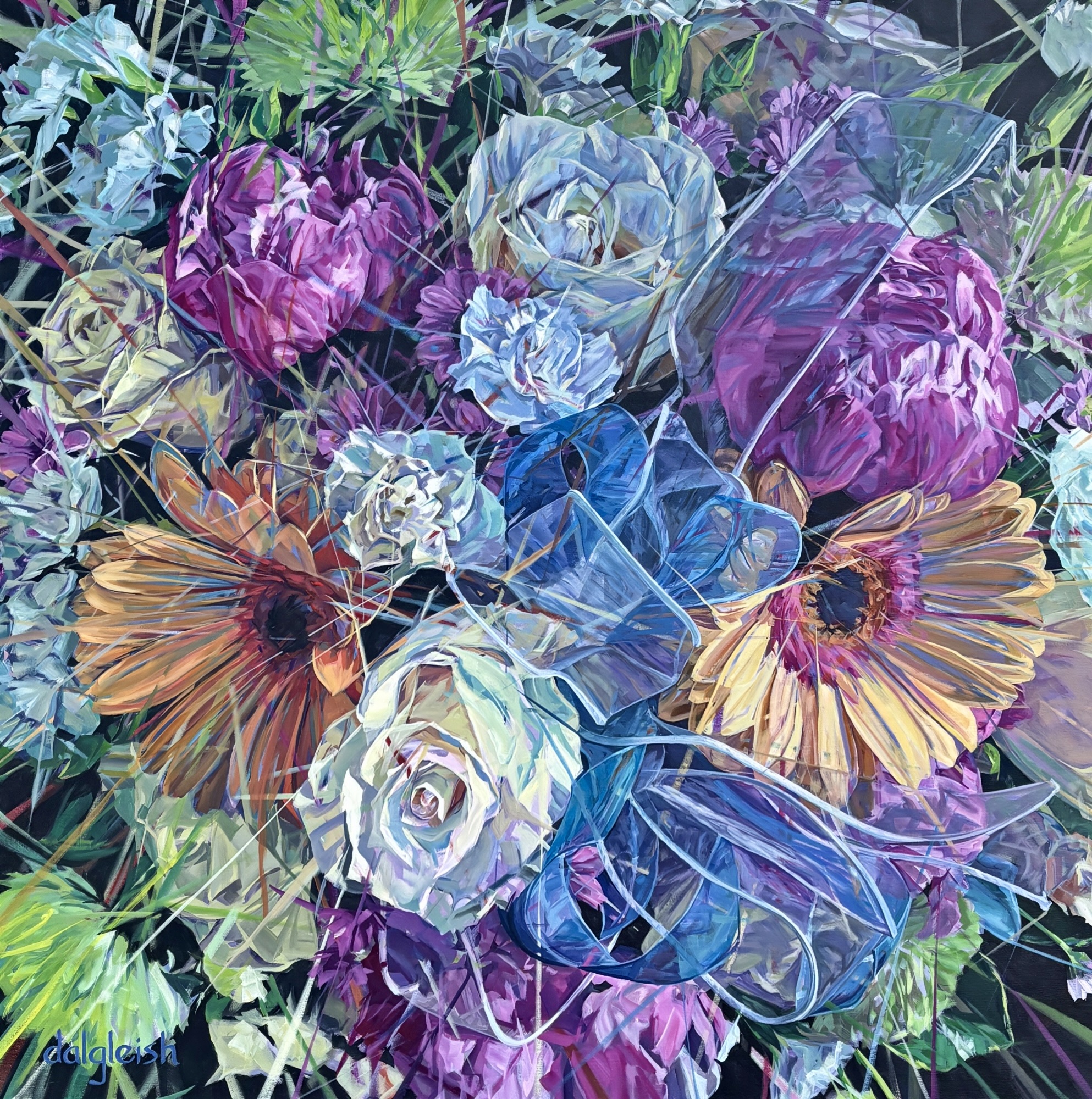 Celebration, original acrylic painting of a bouquet of flowers with sheer blue ribbon by Canadian artist Keith Dalgleish at Effusion Art Gallery in Invermere, BC.