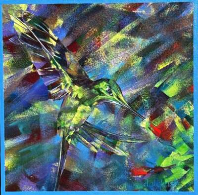 Perfect Find, original acrylic painting of an Empress Brilliant hummingbird by Canadian artist Keith Dalgleish at Effusion Art Gallery in Invermere, BC.