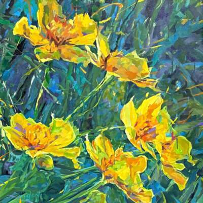 Pressing into Yellow, original acrylic painting of yellow flowers by Canadian artist Keith Dalgleish at Effusion Art Gallery in Invermere, BC.