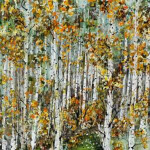 Enchant, original alcohol ink painting of aspen trees in the autumn by Canadian artist Paulina Tokarski at Effusion Art Gallery in Invermere, BC.