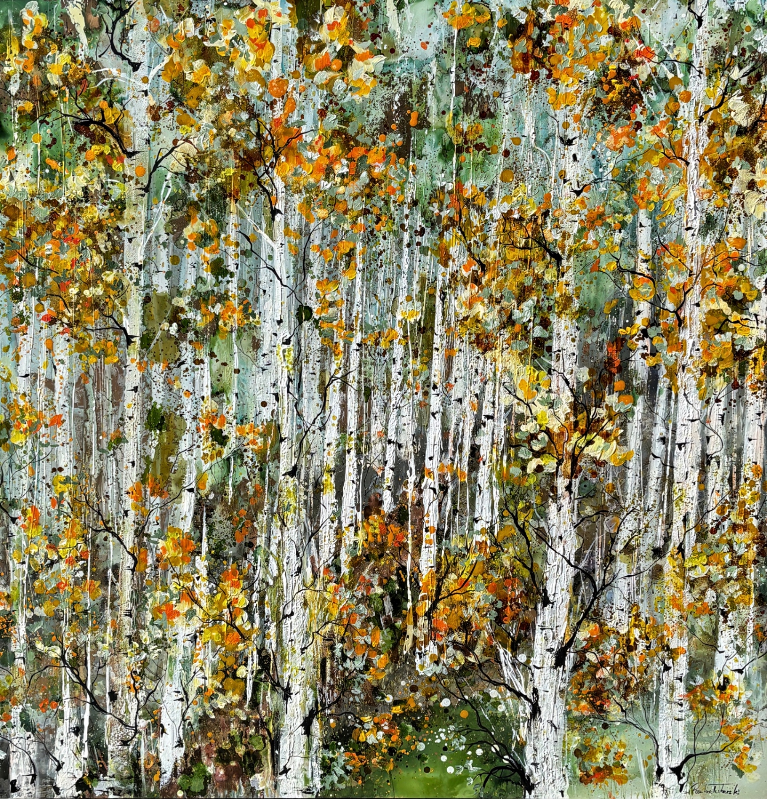 Enchant, original alcohol ink painting of aspen trees in the autumn by Canadian artist Paulina Tokarski at Effusion Art Gallery in Invermere, BC.