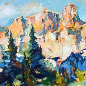 Castle Mountain, original acrylic local landscape painting of Castle Mountain in Banff National Park by Canadian artist Verne Busby at Effusion Art Gallery in Invermere, BC.