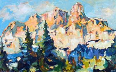 Castle Mountain, original acrylic local landscape painting of Castle Mountain in Banff National Park by Canadian artist Verne Busby at Effusion Art Gallery in Invermere, BC.