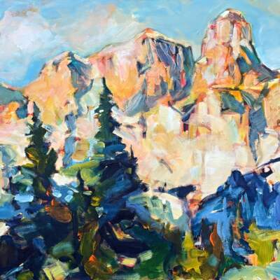 Castle Mountain, original acrylic local landscape painting of Castle Mountain in Banff National Park by Canadian artist Verne Busby at Effusion Art Gallery in Invermere, BC.