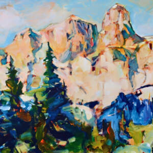 Castle Mountain, original acrylic local landscape painting of Castle Mountain in Banff National Park by Canadian artist Verne Busby at Effusion Art Gallery in Invermere, BC.