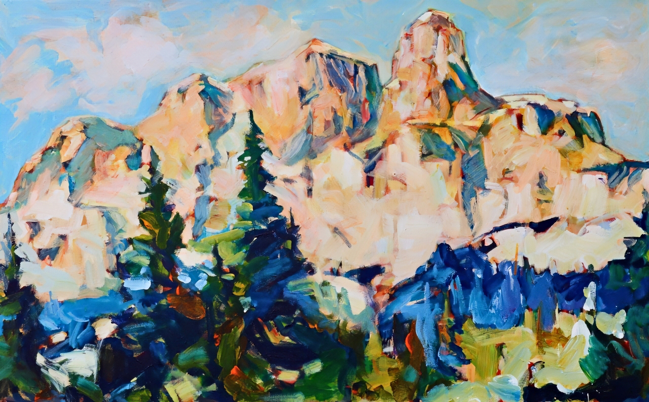 Castle Mountain, original acrylic local landscape painting of Castle Mountain in Banff National Park by Canadian artist Verne Busby at Effusion Art Gallery in Invermere, BC.
