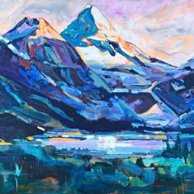 Mount Assiniboine, original acrylic local landscape painting of Mount Assiniboine by Canadian artist Verne Busby at Effusion Art Gallery in Invermere, BC.