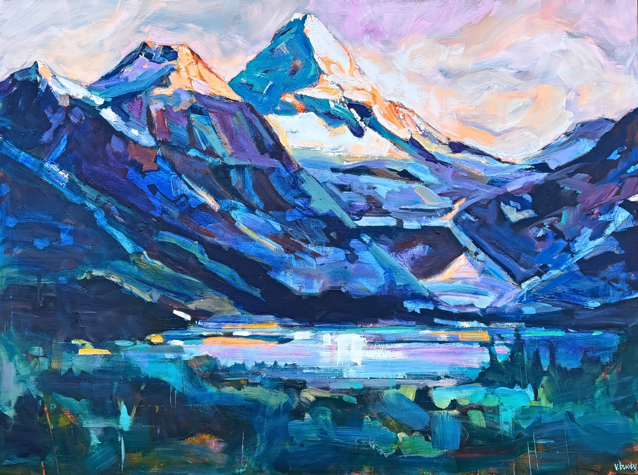 Mount Assiniboine, original acrylic local landscape painting of Mount Assiniboine by Canadian artist Verne Busby at Effusion Art Gallery in Invermere, BC.