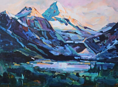 Mount Assiniboine, original acrylic local landscape painting of Mount Assiniboine by Canadian artist Verne Busby at Effusion Art Gallery in Invermere, BC.