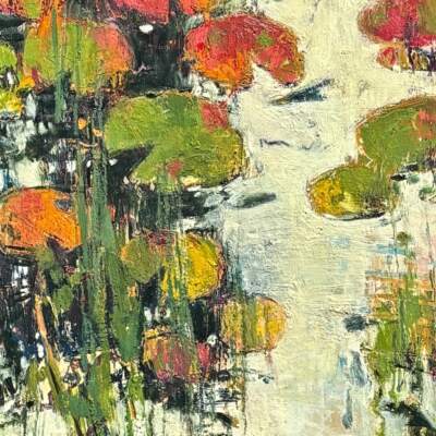Habitat, original mixed media abstract pond painting by Canadian artist Laura Culic at Effusion Art Gallery in Invermere, BC.