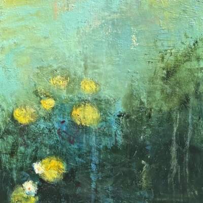 Interlude, original mixed media abstract pond painting by Canadian artist Laura Culic at Effusion Art Gallery in Invermere, BC.