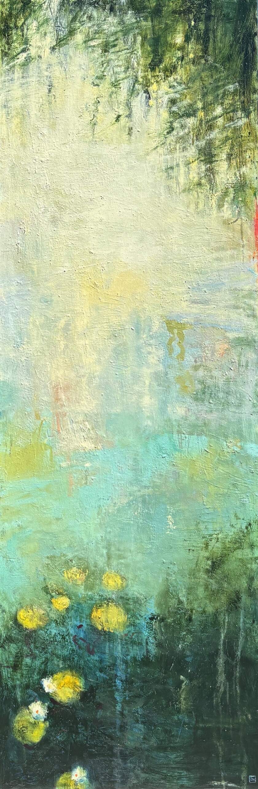 Interlude, original mixed media abstract pond painting by Canadian artist Laura Culic at Effusion Art Gallery in Invermere, BC.