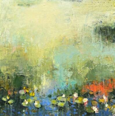 Morning Song, original mixed media abstract pond painting by Canadian artist Laura Culic at Effusion Art Gallery in Invermere, BC.