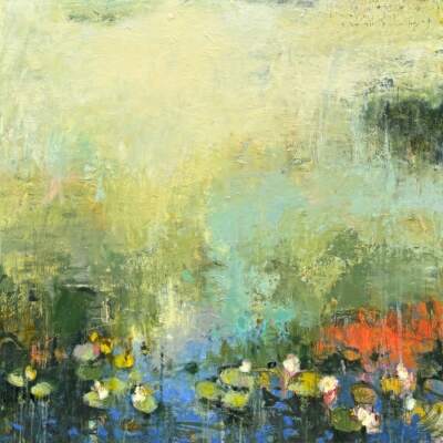 Morning Song, original mixed media abstract pond painting by Canadian artist Laura Culic at Effusion Art Gallery in Invermere, BC.