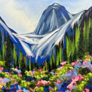Fun in the Bugs, original acrylic local landscape painting of the Bugaboos in the summer by Canadian artist Kayla Eykelboom at Effusion Art Gallery in Invermere, BC.