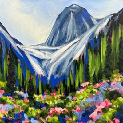 Fun in the Bugs, original acrylic local landscape painting of the Bugaboos in the summer by Canadian artist Kayla Eykelboom at Effusion Art Gallery in Invermere, BC.