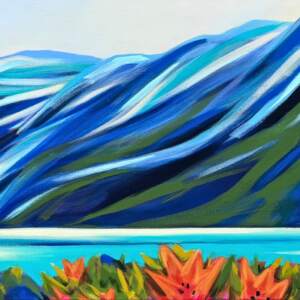 Lady in Blue, original acrylic local landscape painting of Lake Louise in the summer by Canadian artist Kayla Eykelboom at Effusion Art Gallery in Invermere, BC.