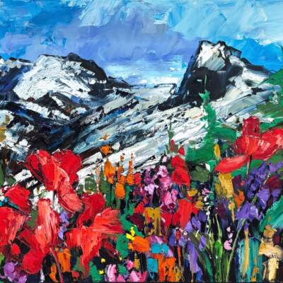 Bugaboo Provincial Park, original oil summer mountain landscape painting of Bugaboo Provincial Park by Canadian artist Kimberly Kiel at Effusion Art Gallery in Invermere, BC.