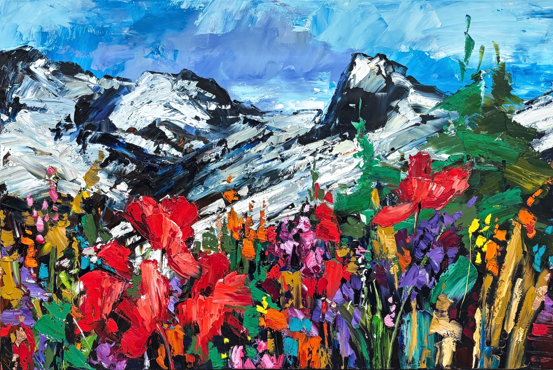 Bugaboo Provincial Park, original oil summer mountain landscape painting of Bugaboo Provincial Park by Canadian artist Kimberly Kiel at Effusion Art Gallery in Invermere, BC.