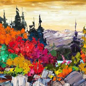 First Things First, original oil autumn mountain landscape painting at sunset by Canadian artist Kimberly Kiel at Effusion Art Gallery in Invermere, BC.