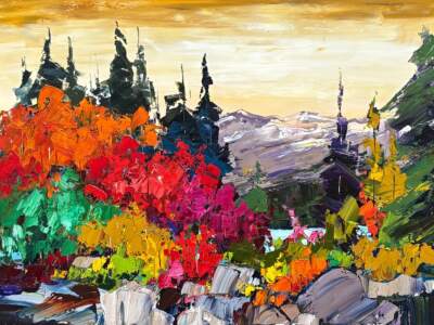 First Things First, original oil autumn mountain landscape painting at sunset by Canadian artist Kimberly Kiel at Effusion Art Gallery in Invermere, BC.