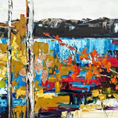 Future is a Finite Resource, original oil + copper leaf autumn landscape painting by Canadian artist Kimberly Kiel at Effusion Art Gallery in Invermere, BC.
