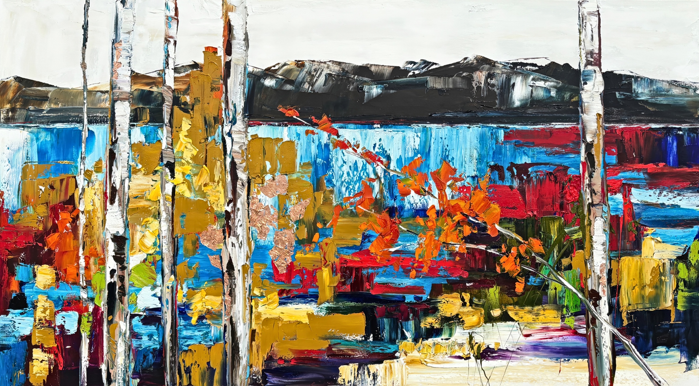 Future is a Finite Resource, original oil + copper leaf autumn landscape painting by Canadian artist Kimberly Kiel at Effusion Art Gallery in Invermere, BC.