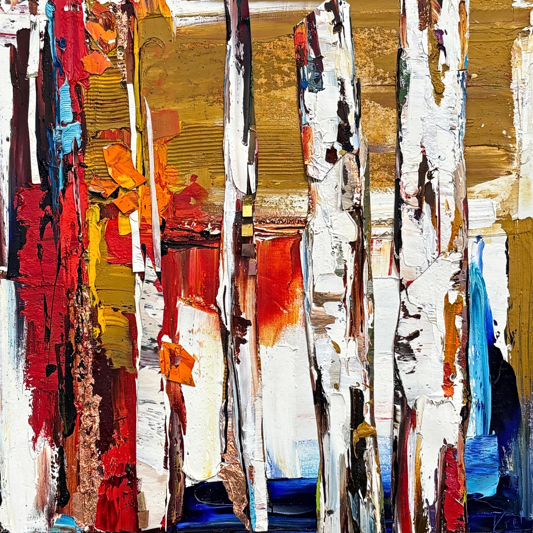 Havin' Such a Good Time 2, original abstract mixed media collage painting by Canadian artist Kimberly Kiel at Effusion Art Gallery in Invermere, BC.
