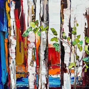 Havin' Such a Good Time 3, original abstract mixed media collage painting by Canadian artist Kimberly Kiel at Effusion Art Gallery in Invermere, BC.