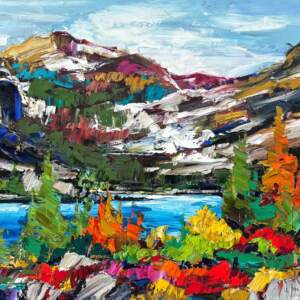 Iconic Images of the Rockies - Bow Lake, original oil landscape painting of Bow Lake by Canadian artist Kimberly Kiel at Effusion Art Gallery in Invermere, BC.