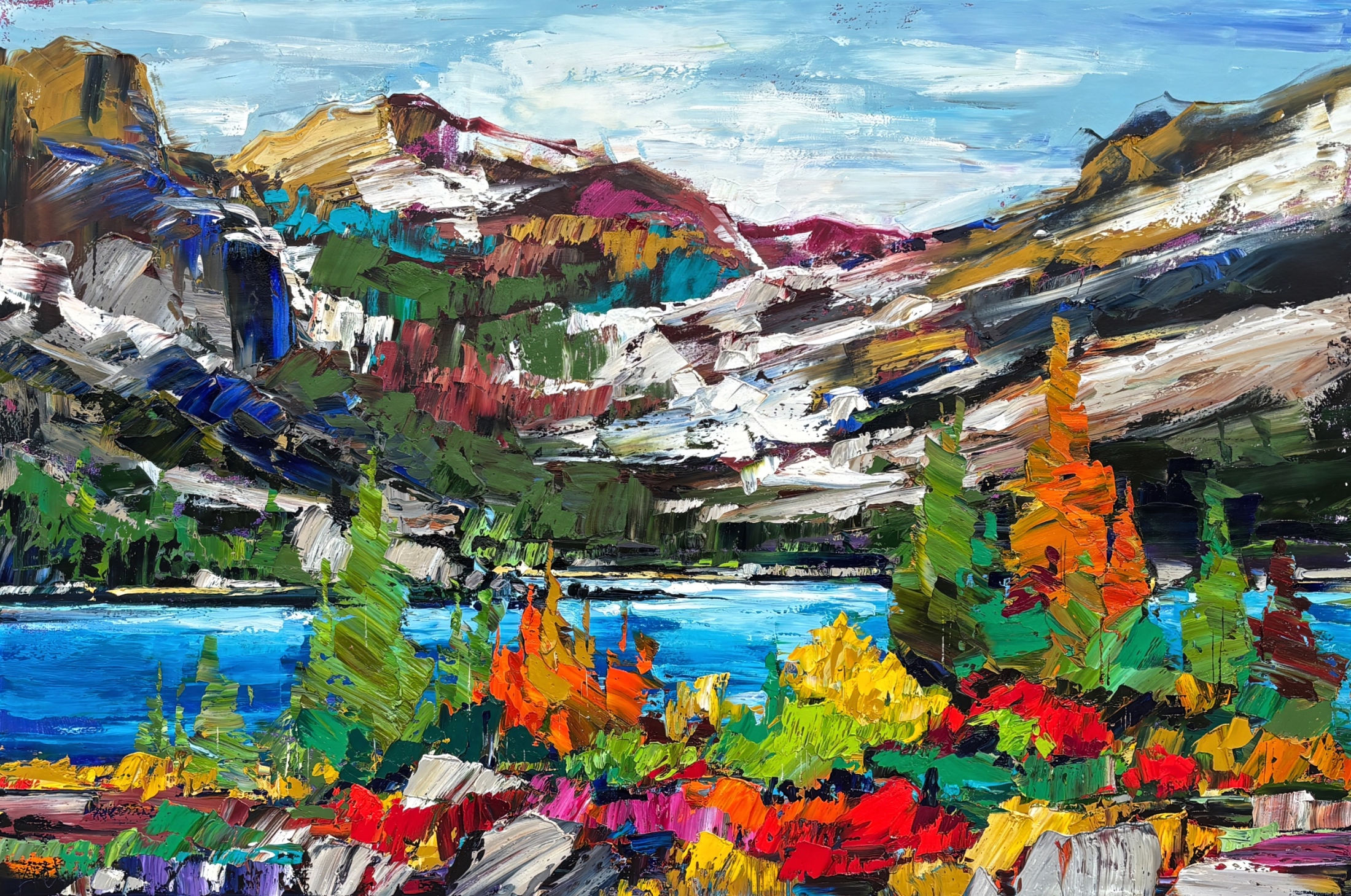 Iconic Images of the Rockies - Bow Lake, original oil landscape painting of Bow Lake by Canadian artist Kimberly Kiel at Effusion Art Gallery in Invermere, BC.