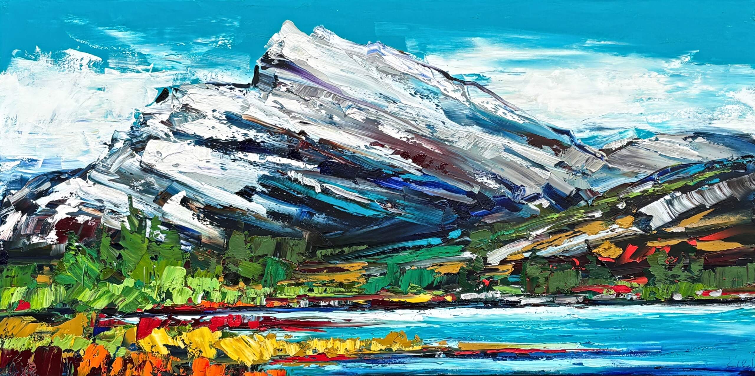 Iconic Images of the Rockies - Mount Rundle 2, original oil landscape painting of Mount Rundle by Canadian artist Kimberly Kiel at Effusion Art Gallery in Invermere, BC.