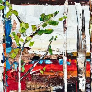 Jump Right In, original abstract mixed media collage painting of trees by Canadian artist Kimberly Kiel at Effusion Art Gallery in Invermere, BC.