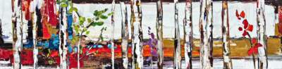 Jump Right In, original abstract mixed media collage painting of trees by Canadian artist Kimberly Kiel at Effusion Art Gallery in Invermere, BC.