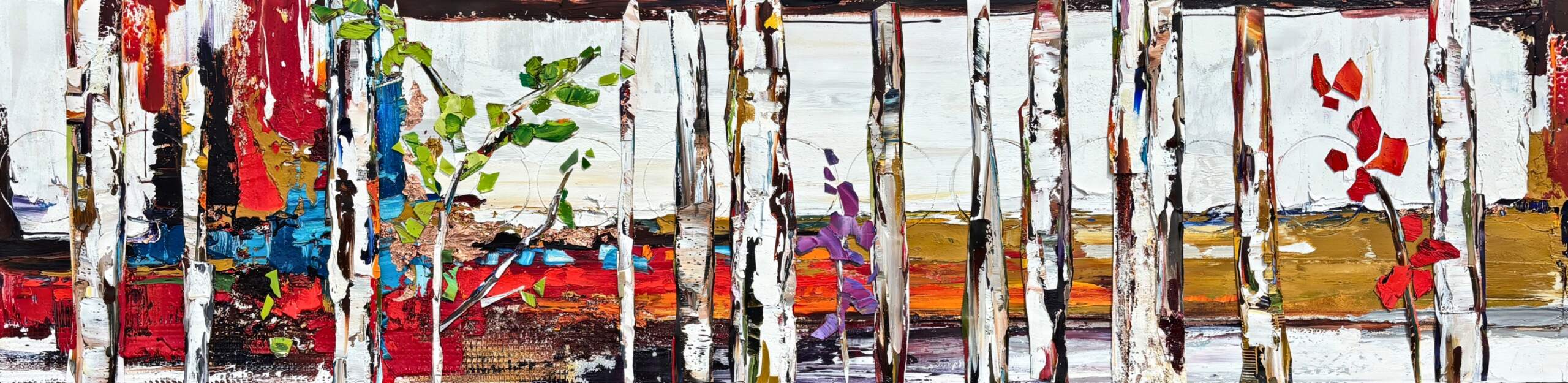 Jump Right In, original abstract mixed media collage painting of trees by Canadian artist Kimberly Kiel at Effusion Art Gallery in Invermere, BC.