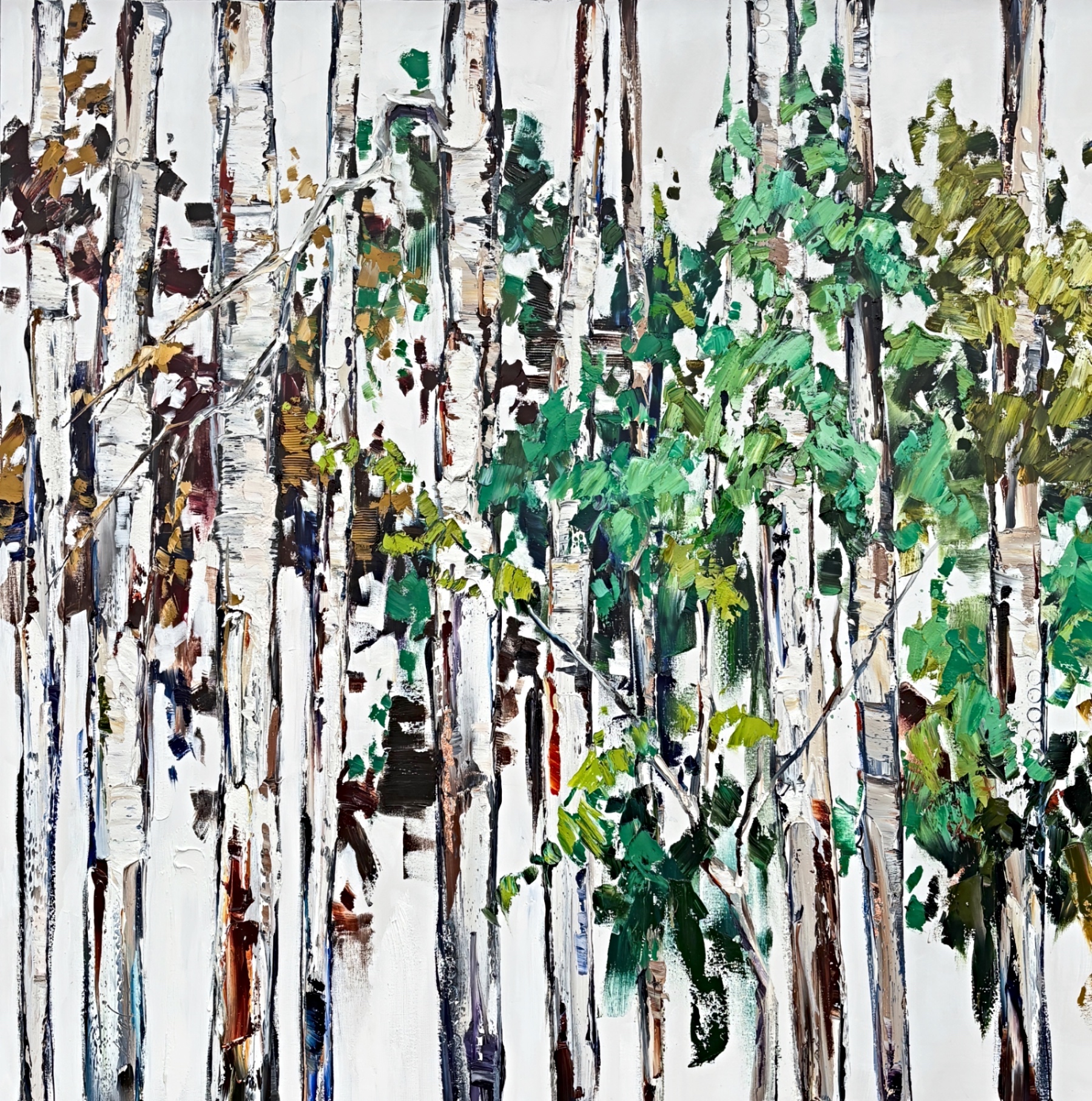 Season by Season 1, original oil and copper leaf painting of trees shifting from spring to summer by Canadian artist Kimberly Kiel at Effusion Art Gallery in Invermere, BC.
