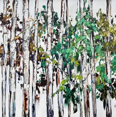 Season by Season 1, original oil painting of trees shifting from spring to summer by Canadian artist Kimberly Kiel at Effusion Art Gallery in Invermere, BC.