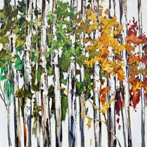Season by Season 1, original oil and copper leaf painting of trees shifting from summer to autumn by Canadian artist Kimberly Kiel at Effusion Art Gallery in Invermere, BC.