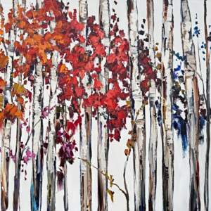 Season by Season 1, original oil and copper leaf painting of trees shifting from autumn to winter by Canadian artist Kimberly Kiel at Effusion Art Gallery in Invermere, BC.