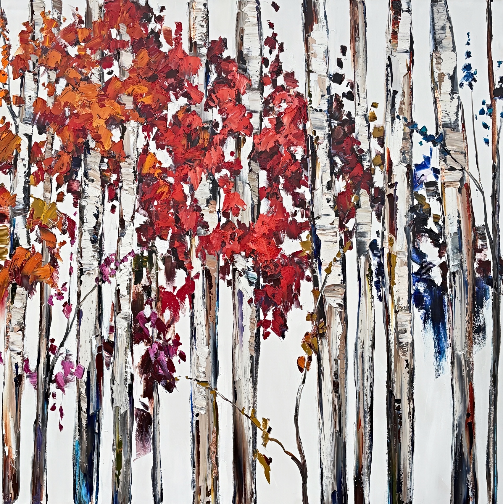 Season by Season 1, original oil and copper leaf painting of trees shifting from autumn to winter by Canadian artist Kimberly Kiel at Effusion Art Gallery in Invermere, BC.