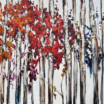 Season by Season 3, original oil painting of trees shifting from autumn to winter by Canadian artist Kimberly Kiel at Effusion Art Gallery in Invermere, BC.