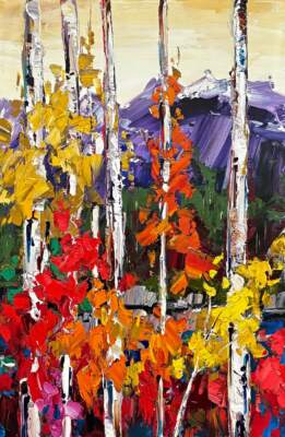 The Name of the Wind, original oil autumn mountain landscape painting at sunset by Canadian artist Kimberly Kiel at Effusion Art Gallery in Invermere, BC.