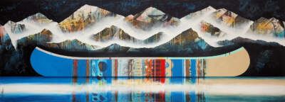 Unforgettable Moments, original mixed media canoe + mountain painting by Canadian artist Sylvain Leblanc at Effusion Art Gallery in Invermere, BC.