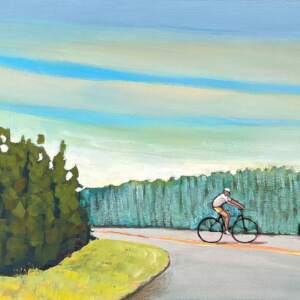 Blue Sky and Bicycles, original acrylic painting of casual summer cyclists by Canadian artist Eleanor Lowden at Effusion Art Gallery in Invermere, BC.