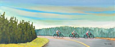 Blue Sky and Bicycles, original acrylic painting of casual summer cyclists by Canadian artist Eleanor Lowden at Effusion Art Gallery in Invermere, BC.