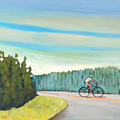 Blue Sky and Bicycles, original acrylic painting of casual summer cyclists by Canadian artist Eleanor Lowden at Effusion Art Gallery in Invermere, BC.