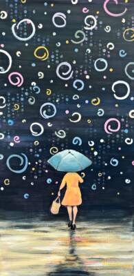 Enchantment, original acrylic painting of a lady holding an umbrella by Canadian artist Eleanor Lowden at Effusion Art Gallery in Invermere, BC.